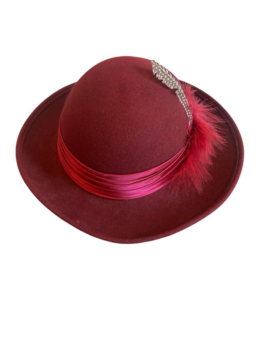 Vintage Geo W Bollman Burgundy Wool Hat With Satin Ribbon & Feather Accent - Picture 15 of 16